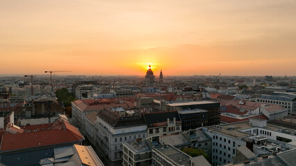 Stunning Sunrise, Aerial View Shot of Budapest city skyline, St. Stephens Basilica (Szent Istvan-bazilika) in the early morning. Hungary