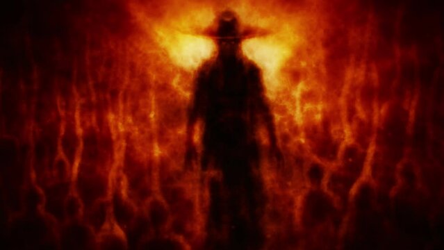 Scary warlock in big hat stands surrounded by spirits. Hell visions animation. Horror fantasy genre. Creepy short film for spooky Halloween. Animated video clip. Vj loop. Orange and black background.