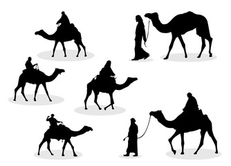  Set of Camel Silhouettes. Camel Illustration Animal Logo Silhouette. Camel vector silhouettes collection. silhouette of camel caravan with poeple. people riding camel.