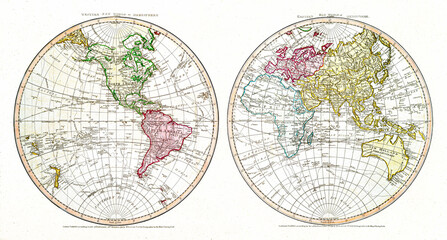 New World, or, Western Hemisphere; Old World, or Eastern Hemisphere (1790) by William Faden.