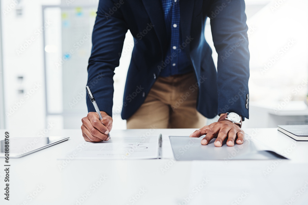 Poster workplace, professional and writing man with paperwork at a desk with a tablet for website on app. e