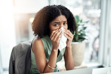 Fototapeta na wymiar Allergies, blowing nose or sick black woman in office or worker with hay fever sneeze or bad illness. Sneezing, flu or sad businessperson with toilet paper tissue, allergy virus or disease at desk