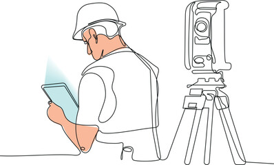 Close up of Caucasian worker with helmet on head using tablet for work while standing in warehouse. Surveyor with a tripod icon. Geodesic tripod. Vector illustration