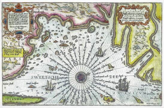 Kaart van de kust van Zweden tussen Kalmar en Stockholm (ca. 1580; 1583) by Joannes van Doetechum.
