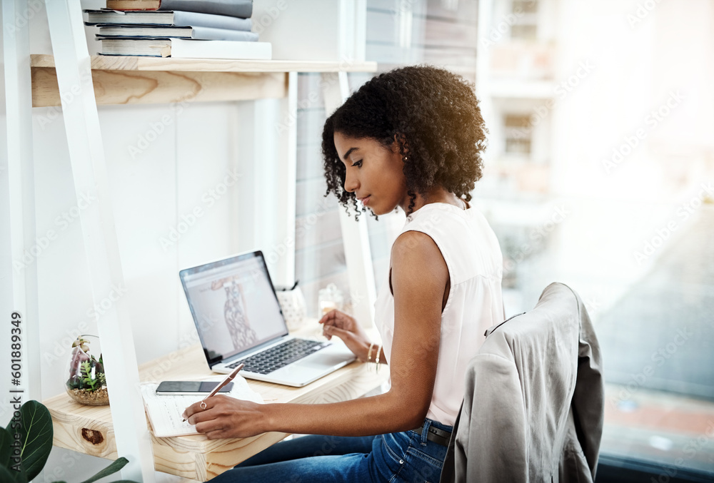 Poster writing, notebook and creative woman in office planning, work from home or brainstorming on computer