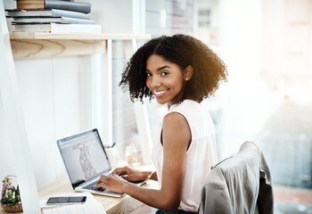 Typing, laptop and portrait of woman in office planning, online research and fashion blog for business startup. Clothes, creative and face of African person on technology, computer or website design