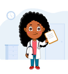 African American girl  dressed like a doctor holding clipboard in office 