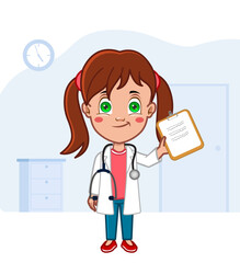 Girl dressed like a doctor holding clipboard in office