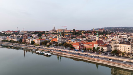 Fototapeta premium Aerial view of Budapest city skyline, Batthyany Square or Batthyany ter, a town square in Budapest. It is located on the Buda side of the Danube
