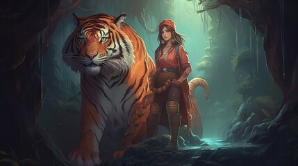 A young sorceress and her ferocious tiger companion on a perilous journey through a magical realm. Fantasy concept , Illustration painting. Generative AI