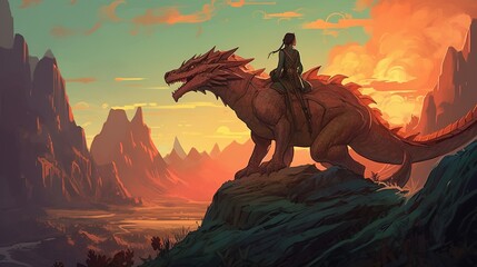 A young dragon rider sets out on a journey to find the legendary beast that can grant any wish. Fantasy concept , Illustration painting. Generative AI