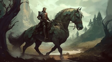 Fototapeta premium A noble knight and his loyal warhorse on a quest to vanquish a fearsome dragon. Fantasy concept , Illustration painting. Generative AI