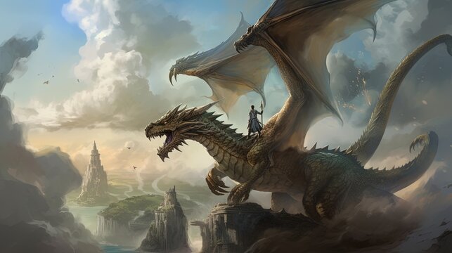A dragon and a knight battling in the sky. Fantasy concept , Illustration painting. Generative AI