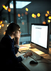 Night, computer screen or business woman with research networking overtime on digital technology...