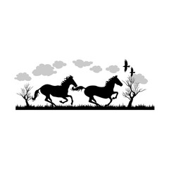 horses running in the wilderness  in black  and  white illustration design