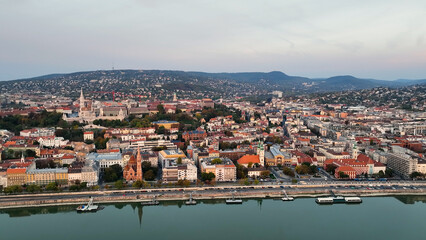 Morning light, Establishing Aerial View Shot of Budapest, Hungary. Buda and Danube river at sunrise