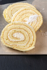 sweet dessert with cottage cheese cream and soft sponge cake