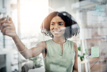 Business, glass wall and black woman writing, strategy or brainstorming in office. Planning, board and happy female person write, working on project and schedule, notes or information in workplace.
