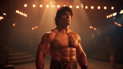 Photo realistic illustration of barbarian, in a gladiatorial arena. Anatomy and lighting reference. Generative AI.