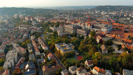 Morning light, Establishing Aerial View Shot of Budapest, Hungary. Buda and Danube river at sunrise