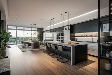 Fototapeta na wymiar Sleek kitchen and dining area in open concept space. Generative AI