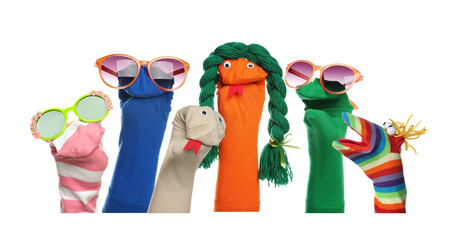Many colorful sock puppets on white background, collage design