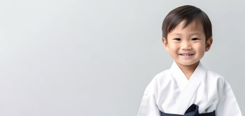 a smiling boy child dressed as a martial arts athletes in soft solid background generative ai