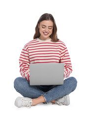 Naklejka premium Happy woman with laptop on white background