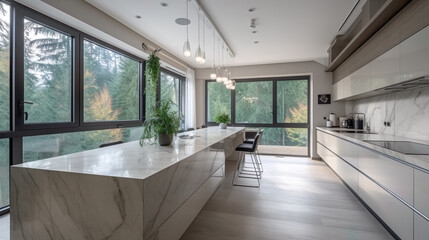 Cuisine moderne avec baie vitr&eacute; sur la nature