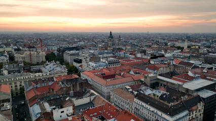 Stunning Sunrise, Aerial View Shot of Budapest city skyline, St. Stephens Basilica (Szent Istvan-bazilika) in the early morning. Hungary