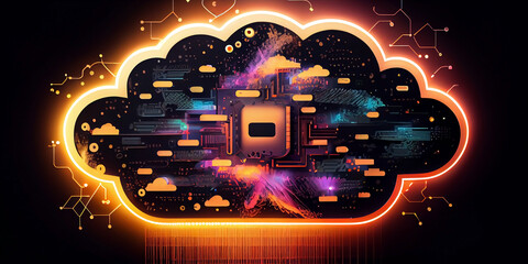 Cloud storage data. A luminous cloud with elements of information, located in a transparent cube, on a dark background. Generative AI