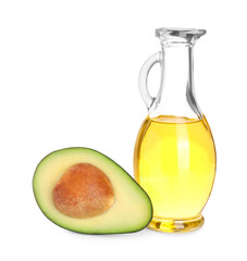 Cooking oil and half of fresh avocado isolated on white