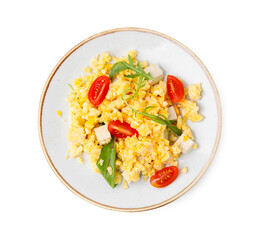 Plate of delicious scrambled eggs with tofu and tomatoes isolated on white, top view
