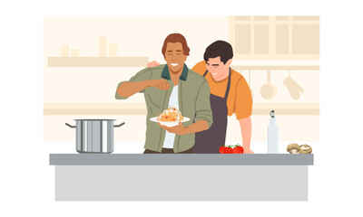 Romantic gay couple cooking in the kitchen. LGBT male couple having fun together while preparing healthy food.