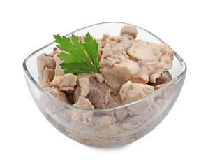 Bowl of tasty cod liver with parsley on white background