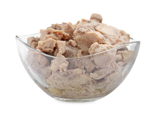Bowl of tasty cod liver on white background