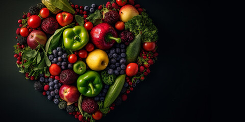 Obraz na płótnie Canvas 3d heart shape with fresh fruits and vegetables inside, on an isolated background. Generative AI