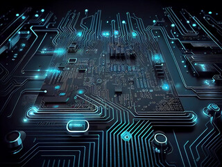 The microprocessor in the rays of light on the background of the electronic board. Generative AI