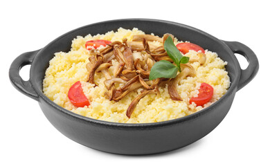 Frying pan of tasty couscous with mushrooms, basil and tomatoes on white background