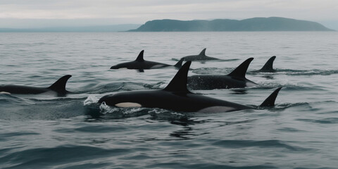 Fototapeta premium Orcas Swimming in the Sea, Generative AI