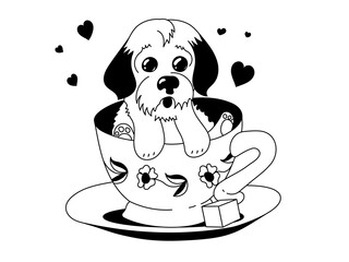 Little cute puppy is sitting in a tea cup. Vector single color doodle illustration.