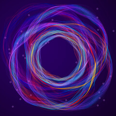 Big data, AI, network connection structure, data transmission. Cyclical wave figure of multicolored lines and dots for design on IT or technological theme in purple background © LariBat