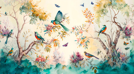 watercolor painting of a forest landscape with birds, butterflies and trees, in colors consistent style 1- AI generative
