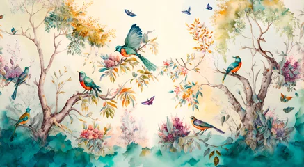 Papier Peint photo Papillons en grunge watercolor painting of a forest landscape with birds, butterflies and trees, in colors consistent style 1- AI generative