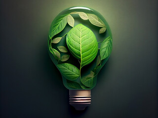 Obraz na płótnie Canvas Green leaves of plants inside a glowing light bulb. Generative AI