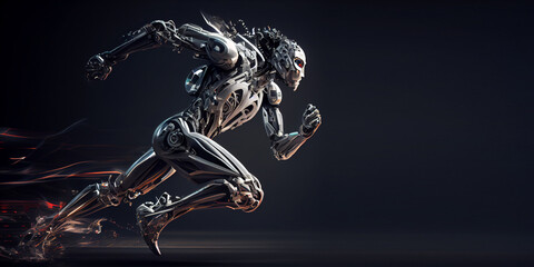 A fast running humanoid muscular robot athlete on an isolated background. Generative AI