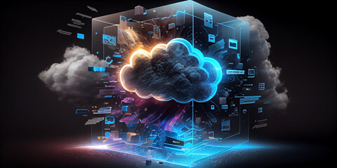 Cloud storage data. A luminous cloud with elements of information, located in a transparent cube, on a dark background. Generative AI
