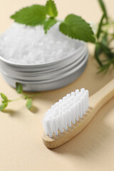 Fototapeta na wymiar Toothbrush, salt and herbs on beige background, closeup.