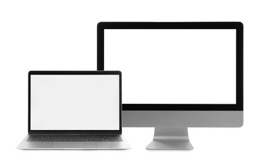 Computer monitor and laptop with blank screens on white background. Mockup for design