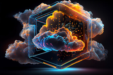 Cloud storage data. A luminous cloud with elements of information, located in a transparent cube, on a dark background. Generative AI